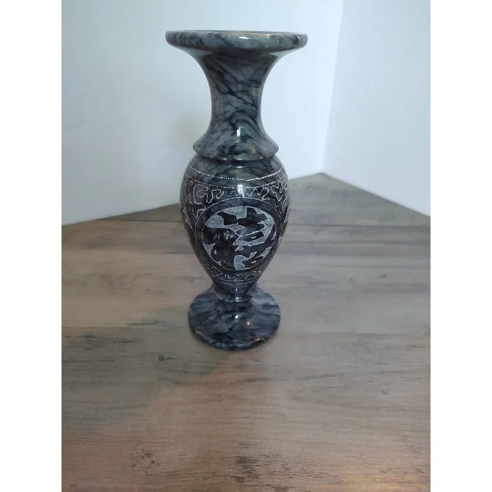 Four Blessings Vase Collectible Black & Grey Marble Carved Chinese Art EUC 8